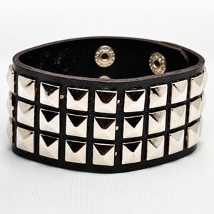 Black Faux Leather Silver Tone Metal Pyramid Stud Punk Rock Bracelet 6" - 7.25"